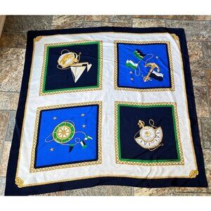 Vintage Liz Claiborne Scarf Multi-Color "Nautical Squares With Gold Cord" Silk S